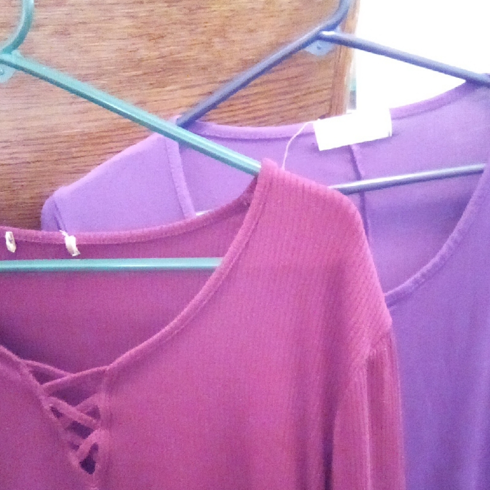 Purple Ribbed Tie Front Long Sleeve Blouse